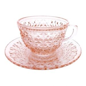 Jeannette Pink Depression Glass Holiday Buttons & Bows Cup & Saucer Set